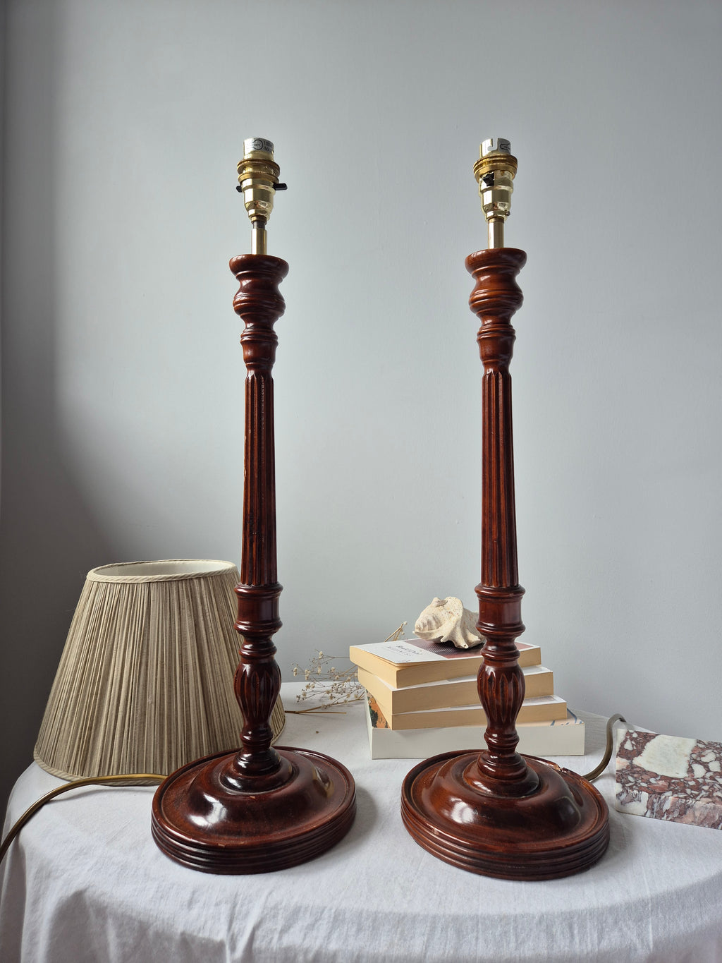 Striking Pair of Classic Turned Timber Column Table Lamps