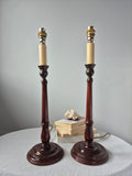 Refined pair of vintage hand-turned mahogany candlestick table lamps