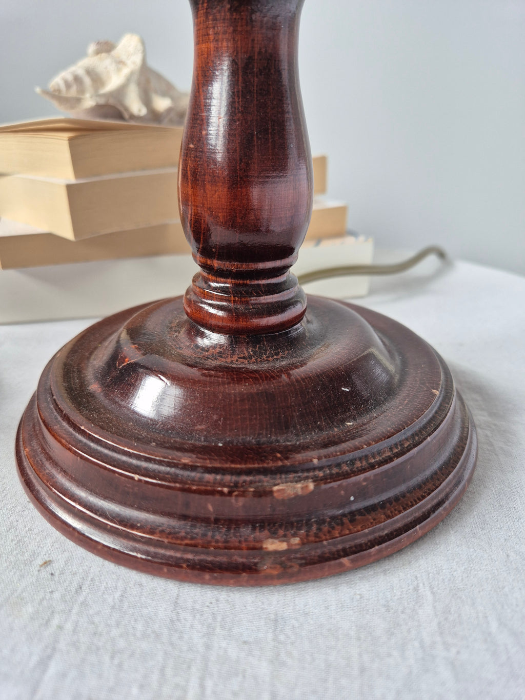 Refined pair of vintage hand-turned mahogany candlestick table lamps