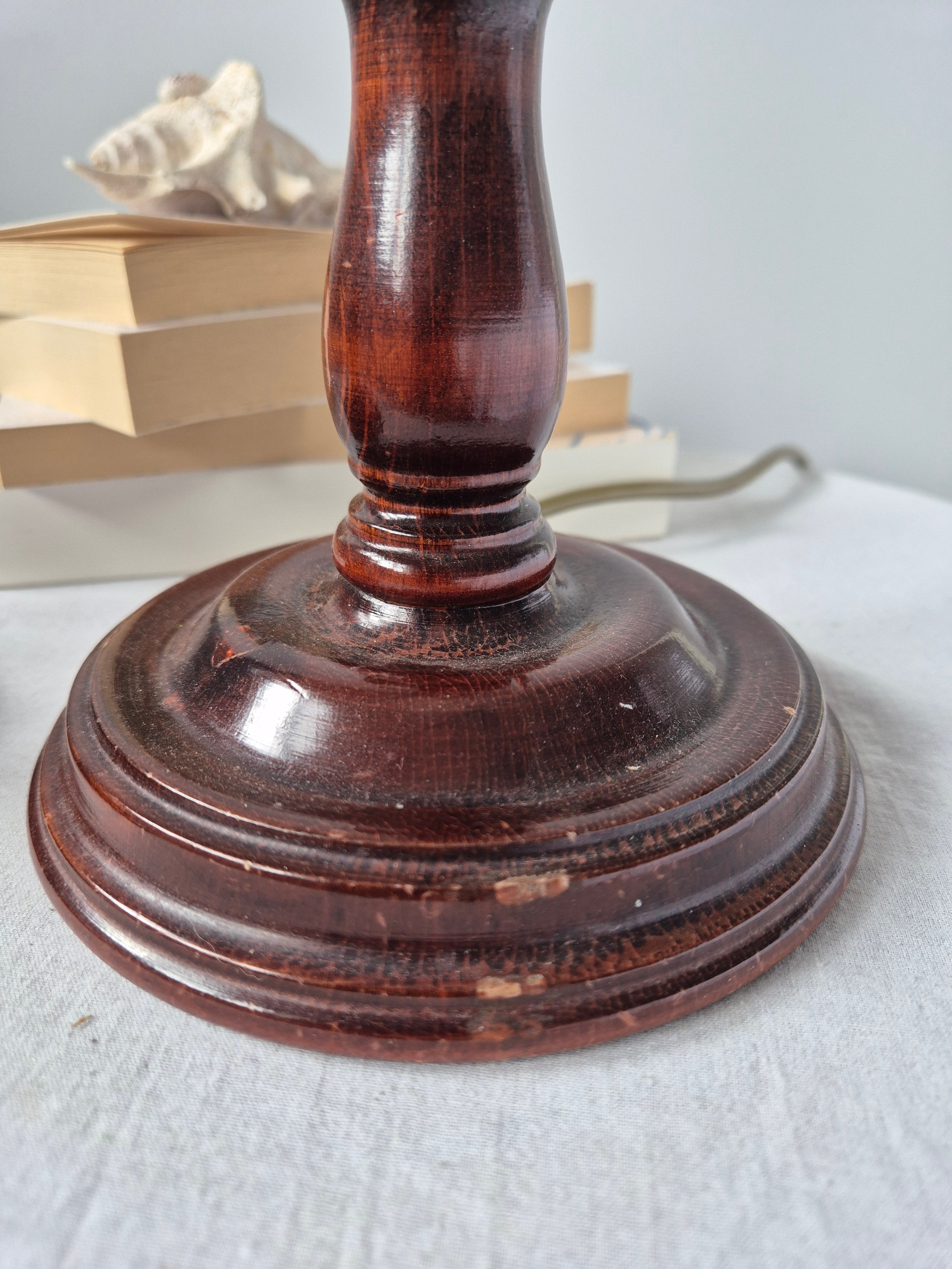 Refined pair of vintage hand-turned mahogany candlestick table lamps