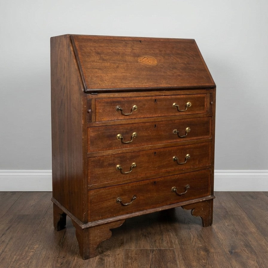 Fine Edwardian Mahogany Bureau with Satinwood Seashell Inlay